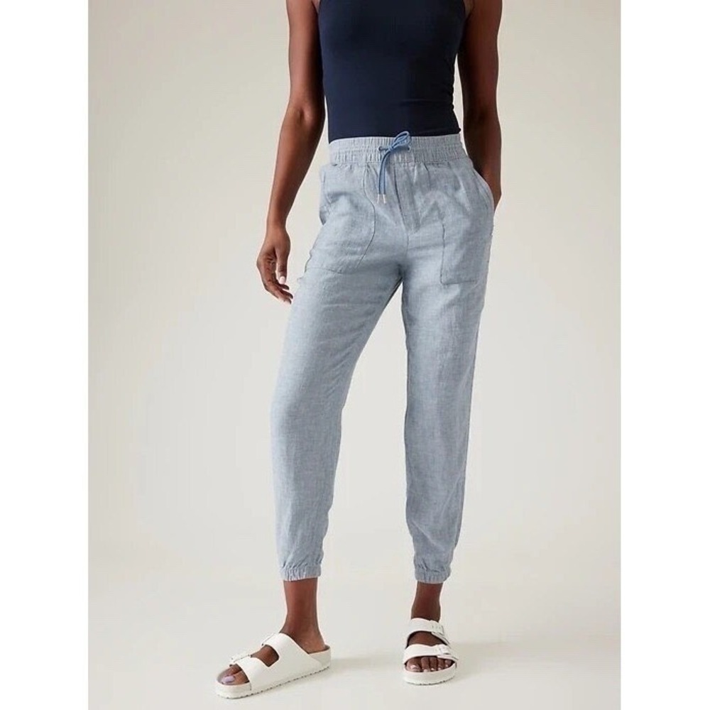 Athleta Womens Retreat Linen Jogger Blue Size 6 Drawstring Elastic Waist